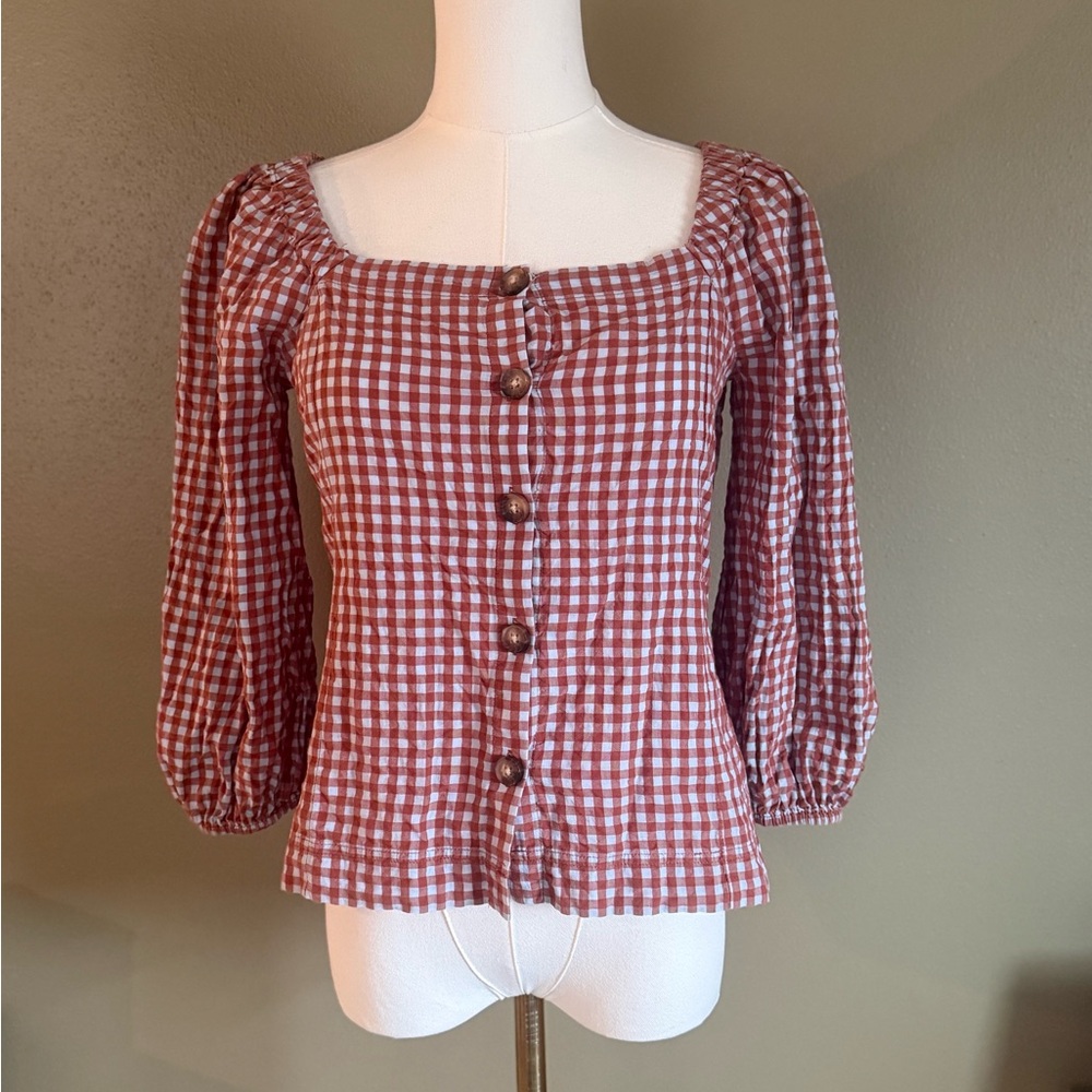 Madewell Rust Gingham Square-Neck Button Blouse - image 4